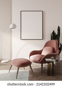 Light Beige Interior With Salmon Red Lounge Chair, Coffee Table And A Plant. 3d Rendering