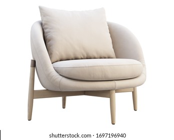 Light beige leather chair with pillow on white background. Modern wooden legs chair. 3d render
