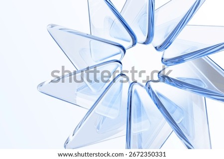 Light blue 3d background with circular effect of glass transparent triangle plate shapes. Abstract geometric flower with crystal triangular petals. Futuristic digital tech banner. 3D Illustration