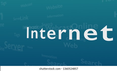 Light blue background with different words, which deal with internet. Close up. Copy space. 3D.
