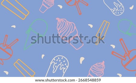 Light blue background with outlined dessert icons like cones, popsicles, and ice cream cups. Fresh, bright, and summery food design for fun visuals.