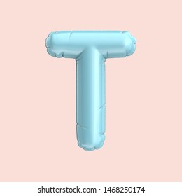 Light blue balloon letter T, 3D rendering alphabet isolated on pink background