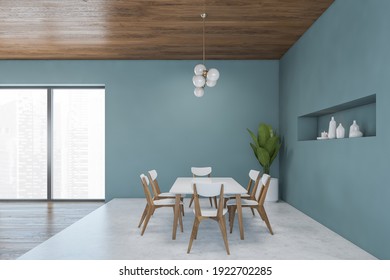 Light Blue Dining Room With Dining Table And Six White Wooden Chairs, Marble Floor. Large Eating Room With Modern Minimalist Furniture And Window, 3D Rendering No People