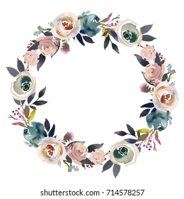 Light  Blue Pale Pink Gray White Watercolor Floral  Wreath.