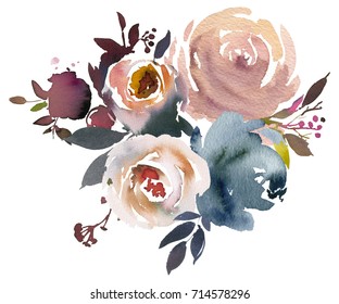 Light Blue Pale Pink Gray White Watercolor Floral Bouquet.