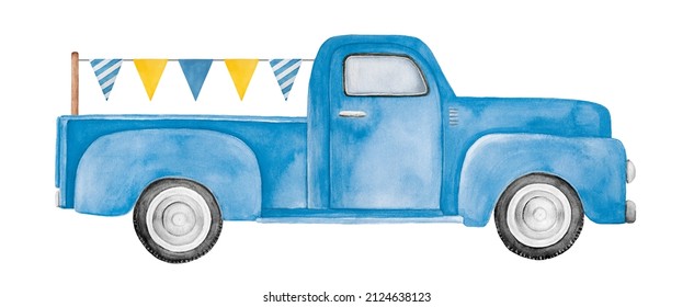 Light blue pickup car decorated with cute pennant bunting with colorful blue and yellow flags. Hand painted watercolour drawing, isolated clip art element for design, print, poster, greeting card. - Powered by Shutterstock