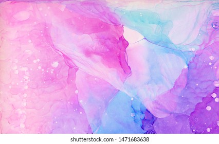 Light blue, pink and purple alcohol ink abstract background. Flow liquid watercolor paint splash texture effect illustration for card design, modern banners, ethereal graphic design