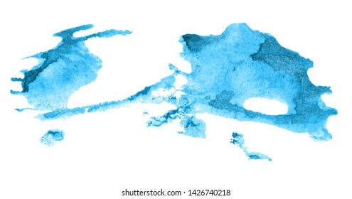 Light blue watercolor paint splatter stain shape element isolated on white paper background abstract painted ink splash drop blob with grunge mottled texture and grainy textured effect pattern