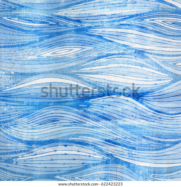明るい青の水色の波 冷たい背景に手描きの水柄 のイラスト素材