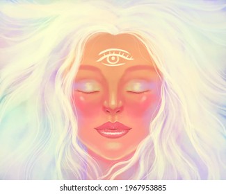 Light bright woman girl portrait. Symbol of spirituality, spiritual awakening, mindfulness, meditation and healing. The third eye is on the woman's forehead.