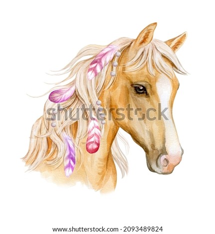 light brown horse isolated on white background. Mane with pearls and feathers. Watercolor. Illustration. Contemporary art. Greeting card design. Emblems.  Poster. Postcard. Wedding. Invitation