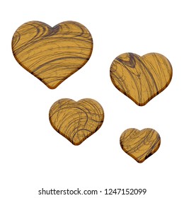 Light brown wood set of rounded heart shape design elements in a 3D illustration with a wooden style and grain texture isolated on a white background
