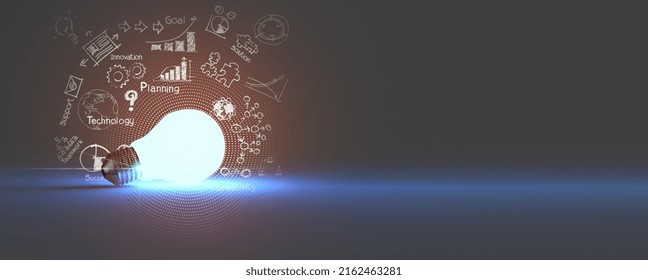 Light Bulb 3d Grow Up On Innovation Doodle Drawing Icons Of Business Strategy On Banner Background.