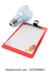 Light bulb with blank clipboard isolated on white background. 3d illustration