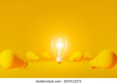 Light bulb bright outstanding among lightbulb on yellow background. Concept of creative idea and innovation, Unique, Think different, Individual and standing out from the crowd. 3d illustration