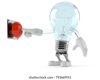 Light bulb character pushing button isolated on white background. 3d illustration