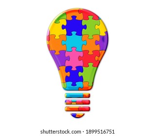 Light Bulb Creativity Symbol Jigsaw Autism Puzzle Icon Logo, 3d Illustration