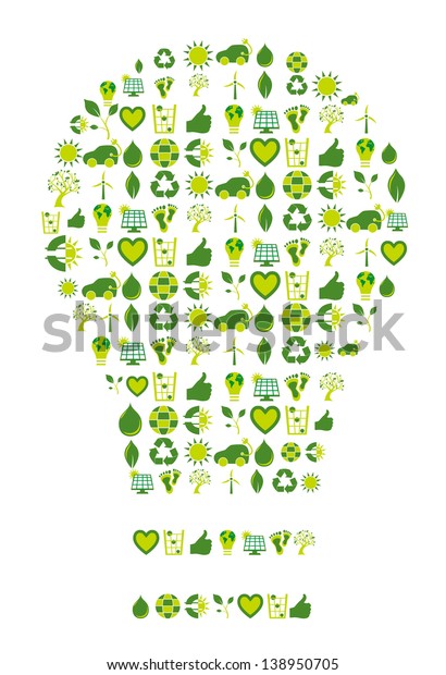 Light bulb\
filled with bio eco environmental icons and symbols to be used as\
an inspiration source or\
enlightenment