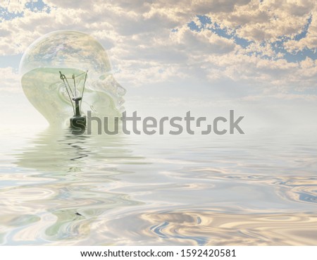 Light bulb in form of human head looks out over water landscape. 3D rendering