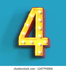 Light bulb glowing font, 3d alphabet character, 3d rendering, number 4