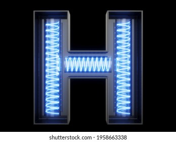 Light bulb glowing letter alphabet character H font. Front view illuminated capital symbol on black background. 3d rendering illustration