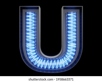 Light bulb glowing letter alphabet character U font. Front view illuminated capital symbol on black background. 3d rendering illustration