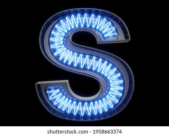 Light bulb glowing letter alphabet character S font. Front view illuminated capital symbol on black background. 3d rendering illustration