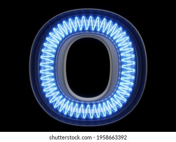 Light bulb glowing letter alphabet character O font. Front view illuminated capital symbol on black background. 3d rendering illustration