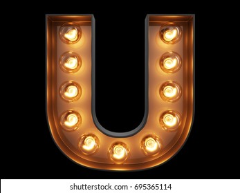 Light bulb glowing letter alphabet character U font. Front view illuminated capital symbol on black background. 3d rendering illustration