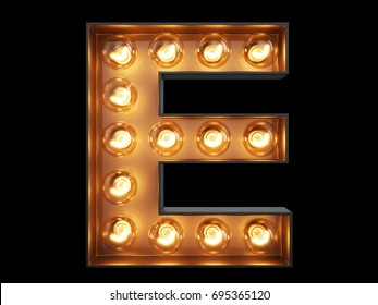 Light bulb glowing letter alphabet character E font. Front view illuminated capital symbol on black background. 3d rendering illustration