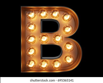 Light bulb glowing letter alphabet character B font. Front view illuminated capital symbol on black background. 3d rendering illustration
