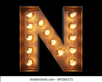 Light bulb glowing letter alphabet character N font. Front view illuminated capital symbol on black background. 3d rendering illustration
