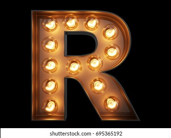 Light bulb glowing letter alphabet character R font. Front view illuminated capital symbol on black background. 3d rendering illustration