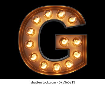 Light bulb glowing letter alphabet character G font. Front view illuminated capital symbol on black background. 3d rendering illustration