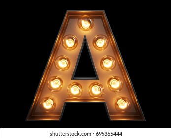 Light bulb glowing letter alphabet character A font. Front view illuminated capital symbol on black background. 3d rendering illustration