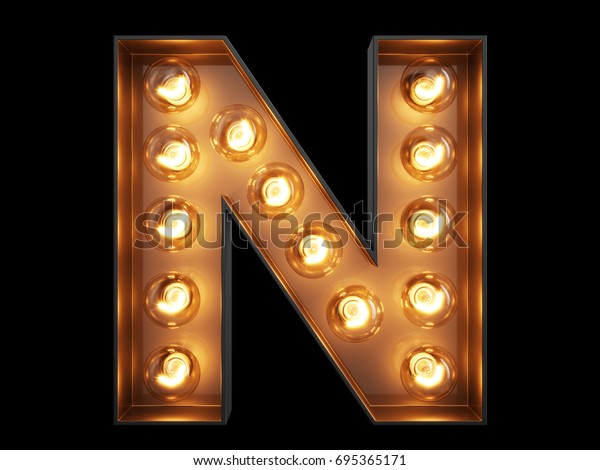 電球が輝く文字のアルファベット文字nのフォント 黒い背景に正面図の照明と大文字のシンボル 3dレンダリングイラスト のイラスト素材