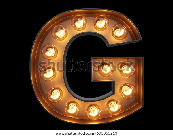 電球が輝く文字のアルファベット文字gのフォント 黒い背景に正面図の