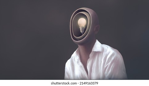 Light Bulb Glowing In A Man Head. Concept Idea Art Of Thinking Solution Intelligence And Brain. 3d Illustration. Conceptual Artwork.