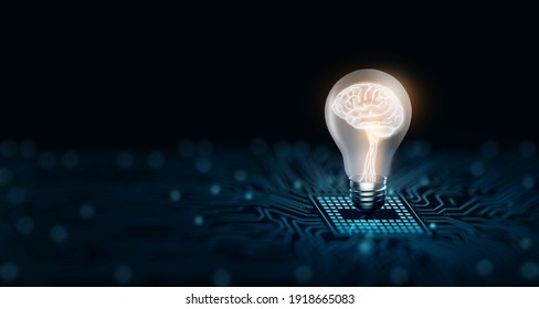 Light Bulb With Human Brain Inside Glowing On The Converging Point Of Circuit. Creative And Innovation Inspiration. Business And Technology Idea Concept. 3D Rendering And Copy Space.