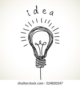 Icône d'ampoule avec concept d'idée. Signe dessiné à la main de gribouillage. Illustration pour impression, web