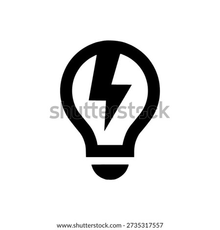 Light bulb icon with lightning bolt, electric idea and energy symbol in minimalist black silhouette isolated on white.
