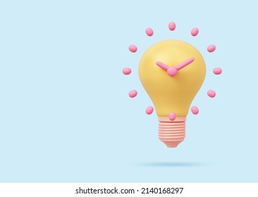 Light bulb idea time in future clock analog alarm yellow pink pastel kid object. schedule timetable management startup. intelligence to imagination dreams and creative. clipping path. 3D Illustration.
