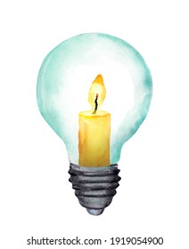 Light Bulb (lightbulb) With Burning Candle Inside. Watercolor Concept For Earth Hour, Electricity Saving