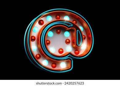 Light bulb marquee in the shape of email At sign in metallic orange and bright blue. High quality 3D rendering.