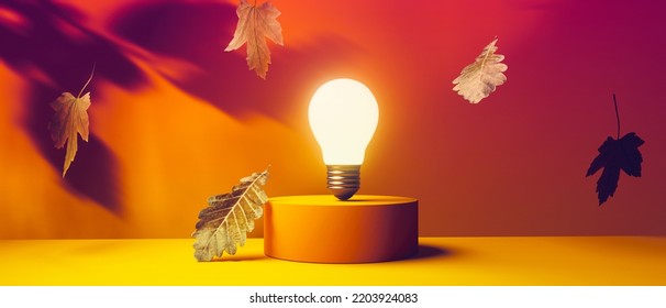 Light bulb on a podium with autumn leaves - 3D render - Powered by Shutterstock