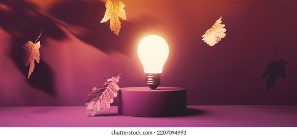 Light bulb on a podium with autumn leaves - 3D render - Powered by Shutterstock