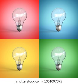 Light Bulb On Red Blue Green And Yellow Background 3d Rendering