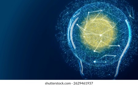 Light bulb with pattern of connected dots on blue gradient background. Idea, creativity, innovation