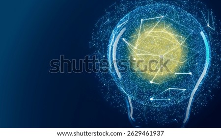 Light bulb with pattern of connected dots on blue gradient background. Idea, creativity, innovation