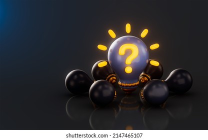 Light Bulb Question Mark Icon With Bright On Dark Background 3d Render Concept For Idea Confusion